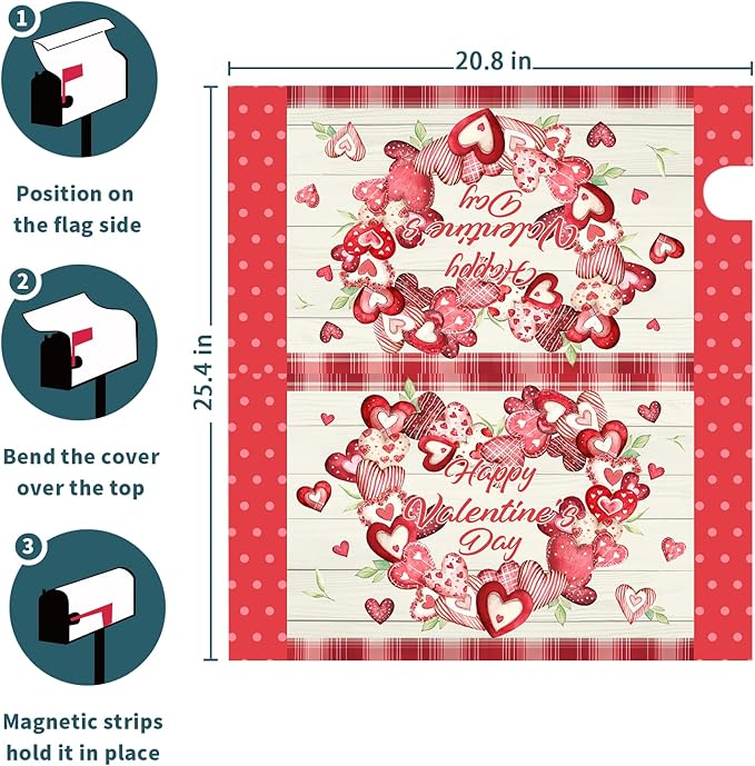 Kawani Happy Valentine's Day Mailbox Covers Magnetic Pink Red Love Heart Valentines Mailbox Covers Magnetic Standard Size 25.5x21 Inch Holiday Post Letter Box Cover for Garden Yard Decor