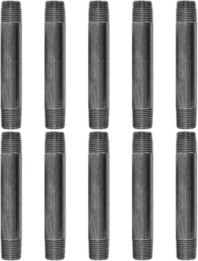 Pipe Decor 1/2" x 5" Malleable Cast Iron Pipe Nipple, Pre Cut Connectors, Industrial Steel Grey Fits Standard Half Inch Black Threaded Pipes Nipples and Fittings, Vintage DIY Furniture, 10 Pack