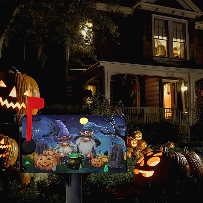 Halloween Gnome Pumpkins Magnetic Mailbox Covers Large Size 25.5x21 Inches Halloween Moon Night Mailbox Wraps Letterbox Covers Garden Yard Home Decor for Outdoor