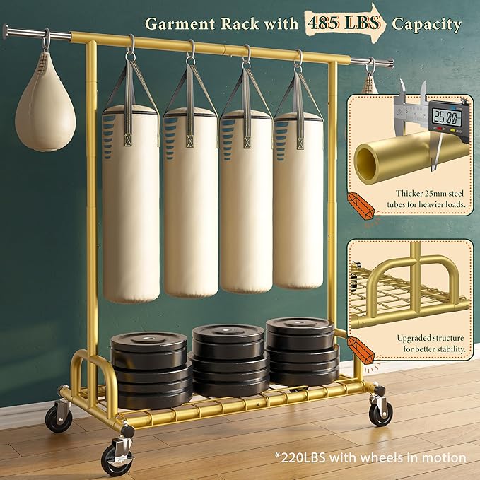 Raybee Heavy Duty Clothes Rack, Gold Clothing Racks for Hanging Heavy Clothes 200+, Rolling Clothing Rack Load 485 LBS, Extendable & Adjustable Portable Commercial Garment Rack with Wheels, Gold