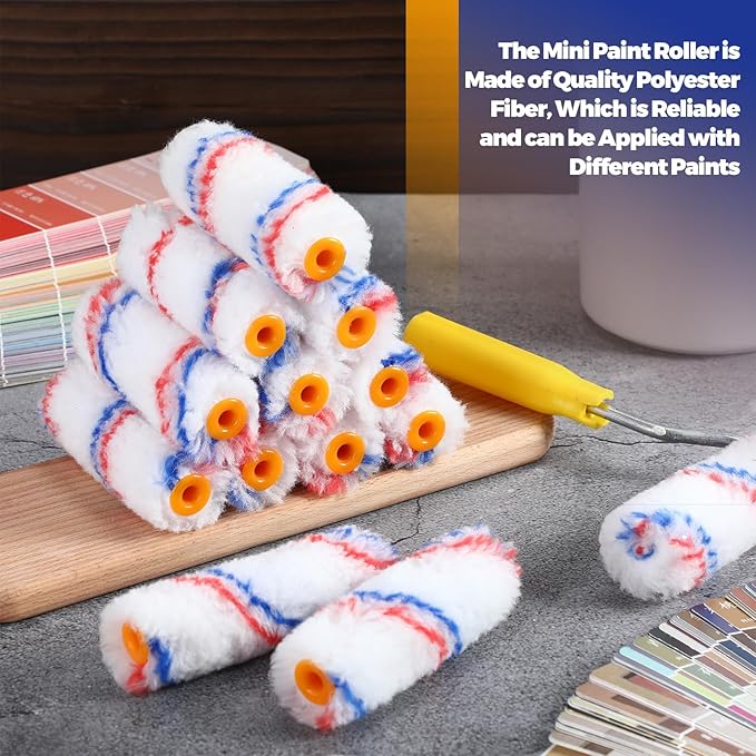 Leumoi 200 Pcs 4 Inch Mini Paint Roller Bulk Small Microfiber Roller Cover 1/2" Nap for Paint Brush for House Painting Supplies DIY Craft Home Wall Repair Tool Kit Set(Red Blue)