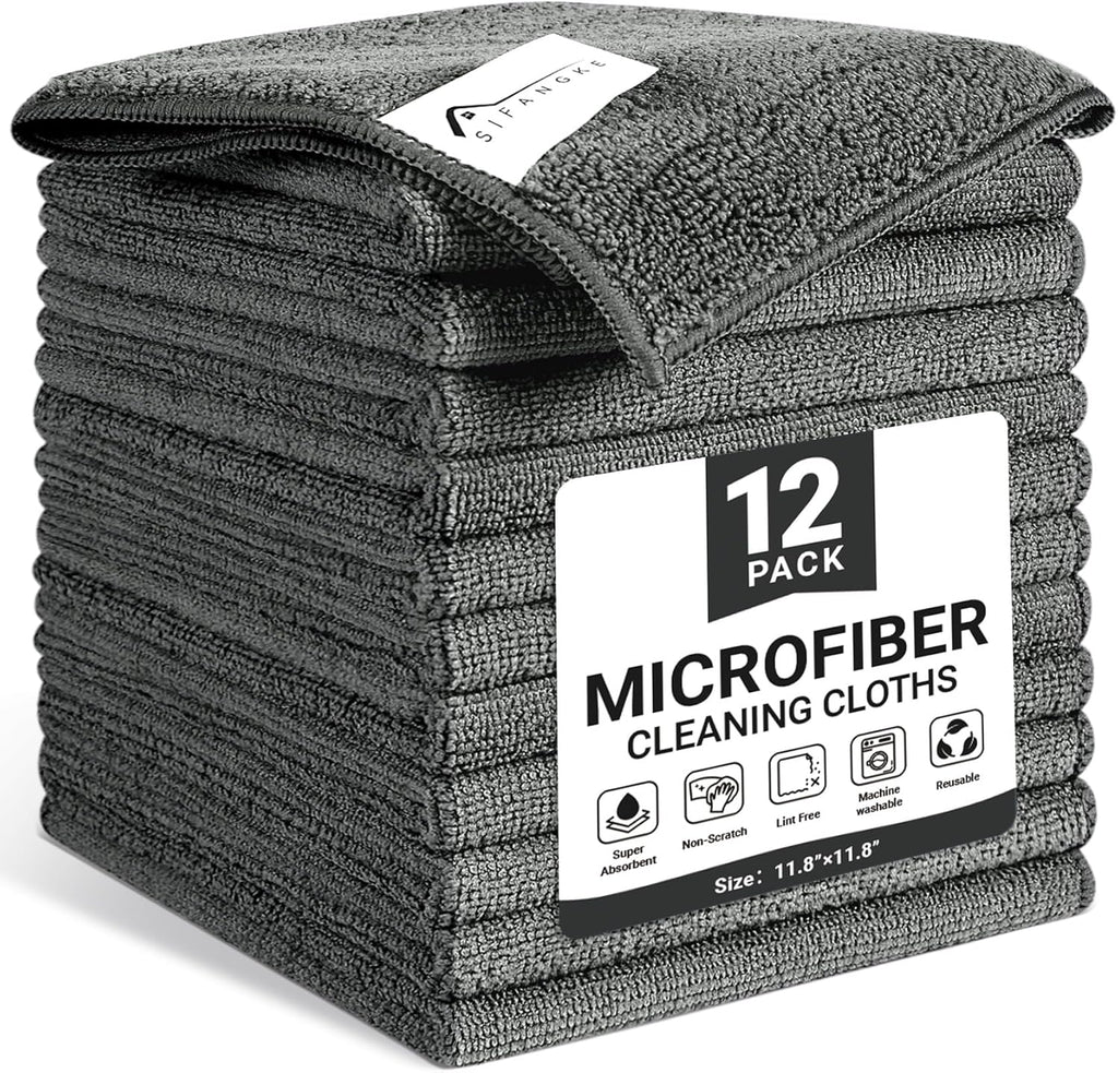 Microfiber Cleaning Cloth, 12 Pack Grey Cleaning Rags for Housekeeping, Reusable Microfiber Towels for Car, Kitchen, Bathroom and Household Cleaning Supplies, 11.8"X11.8"
