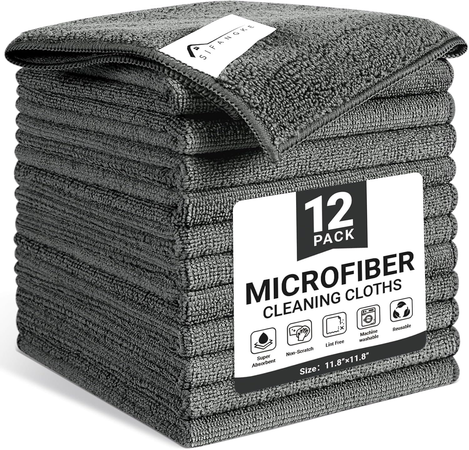Microfiber Cleaning Cloth, 12 Pack Grey Cleaning Rags for Housekeeping, Reusable Microfiber Towels for Car, Kitchen, Bathroom and Household Cleaning Supplies, 11.8"X11.8"