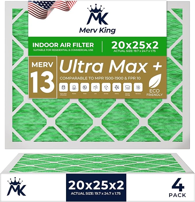 MervKing 20x25x2 Air Filter Actual Size: 19.7" x 24.7" x 1.75" MERV 13 MPR 1500-1900 | MADE IN USA | 4-Pack | Pleated HVAC AC Furnace Replacement