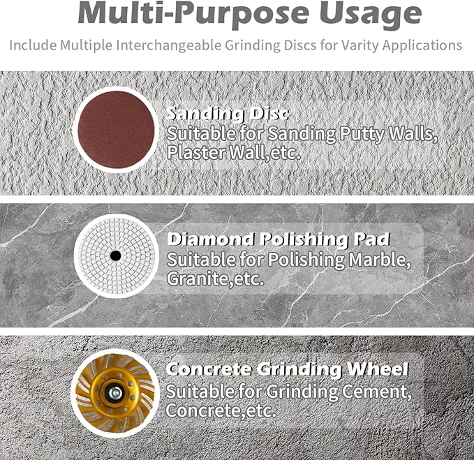 Electric Diamond Polisher Machine with Extendable Handle & Vacuum Port, 6-Speed Concrete Grinder for Dustless Floor and Wall Grinding, Epoxy, Paint, Stone, Cement, and Metal Surface Removal