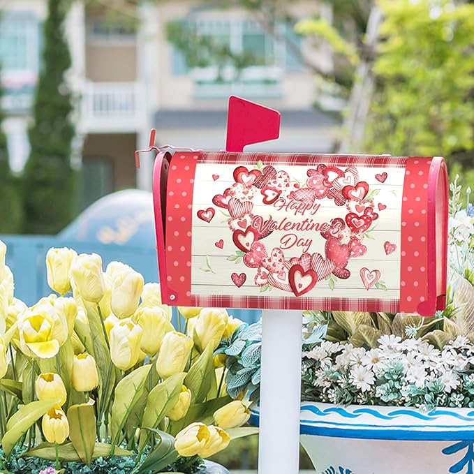 Kawani Happy Valentine's Day Mailbox Covers Magnetic Pink Red Love Heart Valentines Mailbox Covers Magnetic Standard Size 25.5x21 Inch Holiday Post Letter Box Cover for Garden Yard Decor