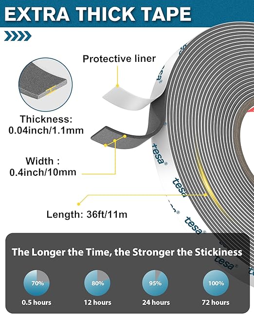 Tesa Double Sided Tape Heavy Duty 0.4in x 36ft 6703, Adhesive Mounting Tape Waterproof, Strong Foam Tape for Walls, Extreme Temp Resistant No Residue Removal Two Sided Tape for Auto, Home, Office