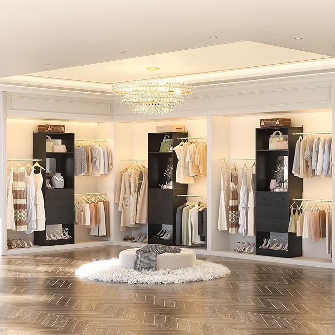 Unikito 96” W Closet Systems, Adjustable 8FT Walk in Closet Organizer Starter Kit with 25” Tower and 3 Hanging Rods, Sturdy Garment Rack with 4 Drawers and Mirror, 96" W x 16" D x 80" H, Black