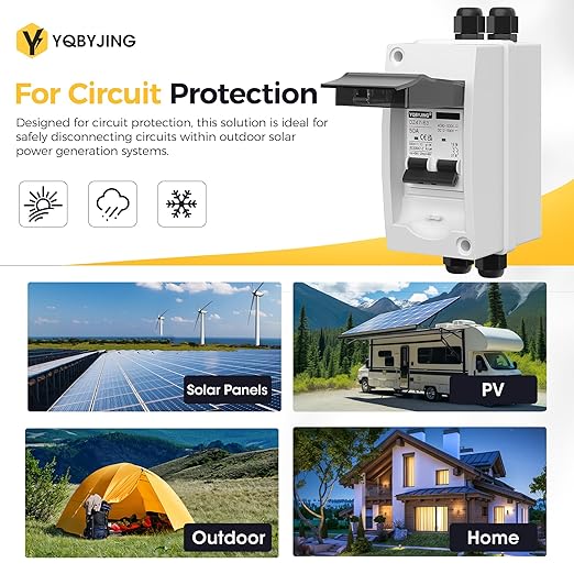 50 Amp AC/DC Solar Panel Disconnect Switch Miniature Circuit Breaker Box 500V 2 Poles with IP65 Waterproof UV-Proof Box for Outdoor Solar Homes PV Battery