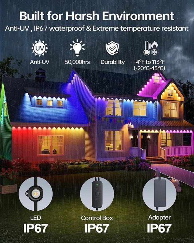 ASAHOM AI Permanent Outdoor Lights S107F, 400FT with 288 RGBCW LED Lights and Dual Output, 30,000 Lighting Effect Combination, IP67 Waterproof for House Christmas New Year and Daily Decoration, Black