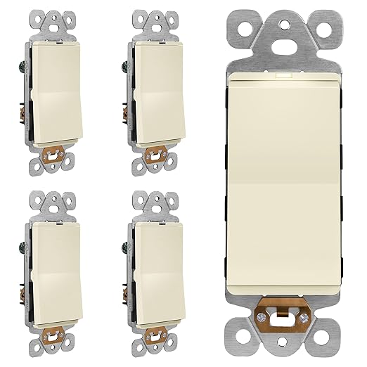 LIDER Minimalist Design Matte Finish Lighted Decorator Switch, Frameless Paddle Toggle Switch with Locator Light, Grounding Screw, 3-Way or Single Pole, 15A 120V, UL Listed, Light Almond, 5 Pack