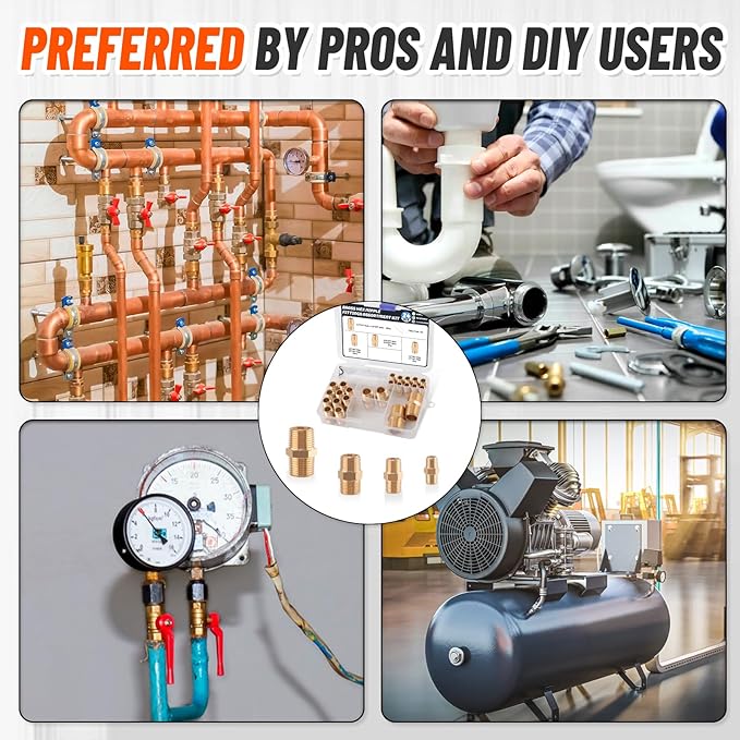 24Pcs Brass Pipe Fittings,1/8" x 1/8",1/4" x 1/4",3/8" x 3/8",1/2" x1/2" NPT Male Hex Nipple Pipe Extension Reducer Nipple Adapter