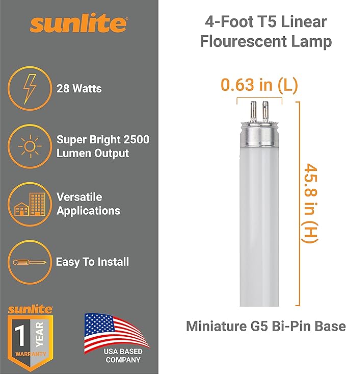 Sunlite 30340 F28T5/841 4 Foot T5 Linear Fluorescent Lamp, 28 Watts, 2500 Lumens, 4100K Cool White, Miniature G5 Bi-Pin Base, ROHS Compliant, High Performance Straight Tube, 40 Pack