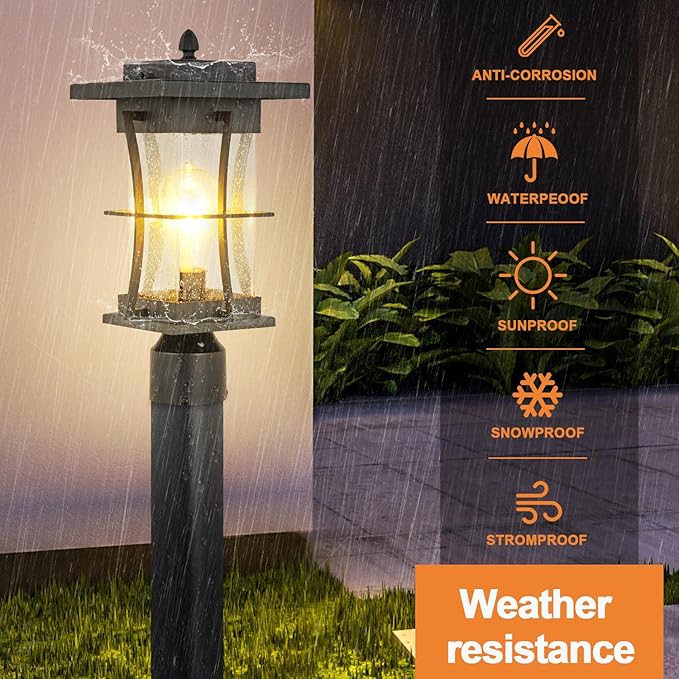 Dusk to Dawn Outdoor Post Light Fixture Waterproof Pole Mount Light with Pier Mount Adapter, Black Finish with Seeded Glass Outdoor Post Lantern for Patio, Garden, Porch and Backyard