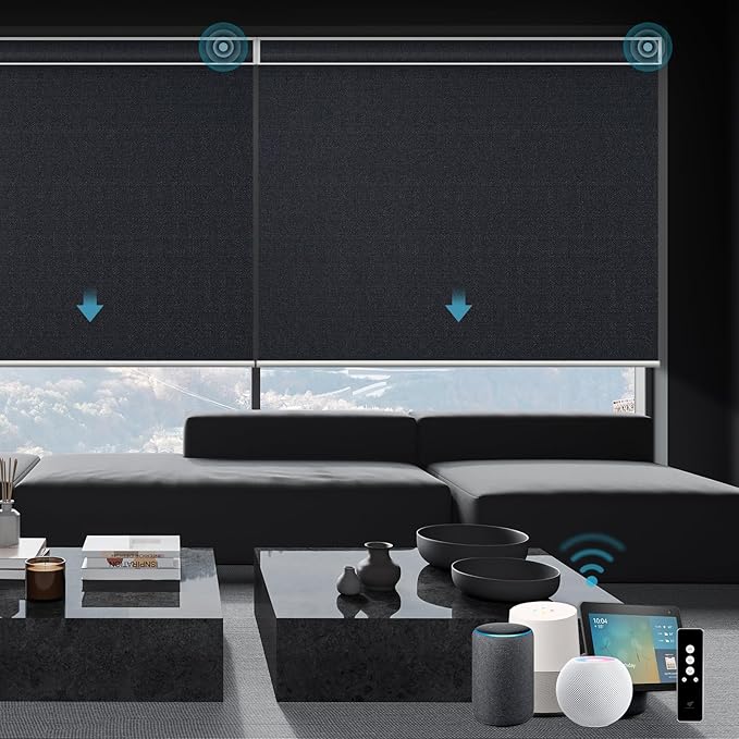 SmartWings Motorized Smart Blinds with Remote, Custom Automatic 100% Blackout Roller Shade Compatible with Alexa/Homekit/Google, Electric Smart Blinds for Indoor Windows, Eclipse Onyx Black