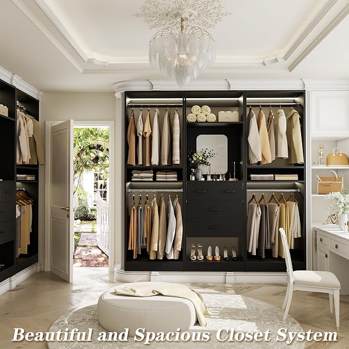 Unikito 75 Inch Walk in Closet System with 4 Drawers, 6.3FT Closet Organizer with Hanging Rods and Mirror Design, Reversible Large Closet Wardrobe with Shelves, Adjustable Closet Tower, Black