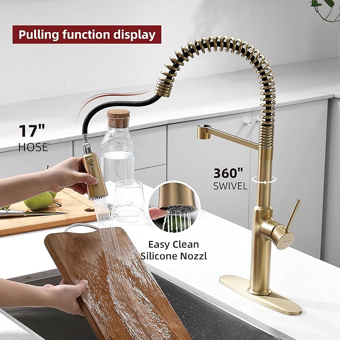 22‘’ Extra-Tall Brushed Gold Kitchen Sink Faucets, Commercial High Arc Single Handle Kitchen Faucets for Pull Down Sprayer Modern Spring with Deck Plate 22 inch