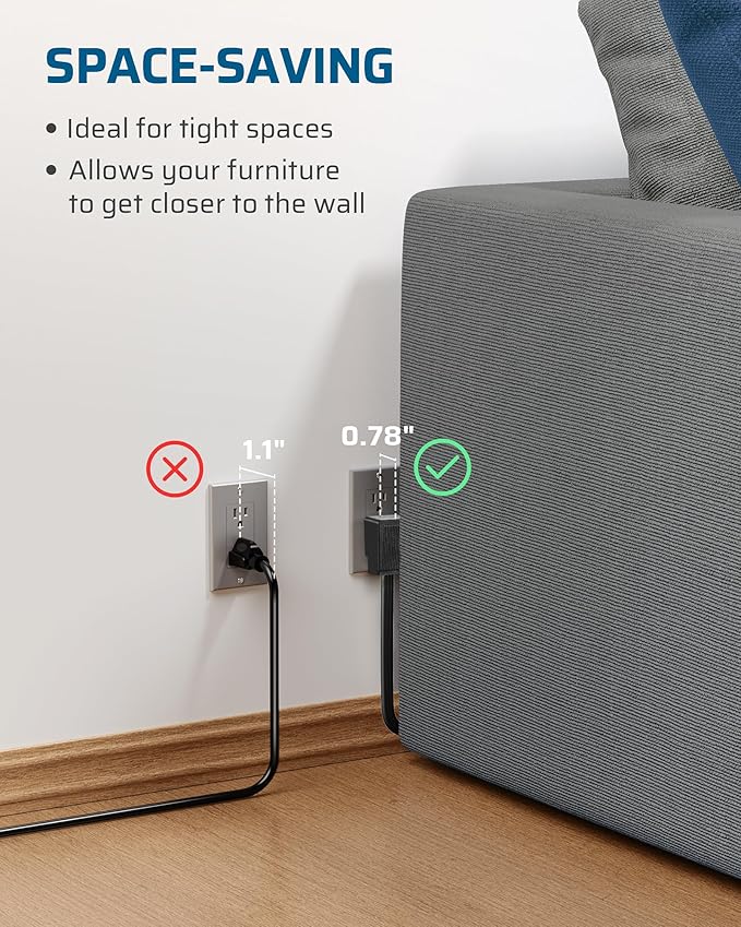 DEWENWILS 6FT Flat Plug Extension Cord, 3 Prong Ultra Thin Power Strip, 13A/125V/1625W, 16/3 Awg Grounded Flat Power Cable for Indoor Narrow Space, SPT-3 Cord, ETL Listed, Black, 2 Pack