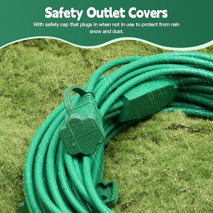25Ft 3 Outlets Green Outdoor Extension Cords for Halloween Christmas Inflatables Blow Ups Yard Waterproof Outside with Multiple Outlets Extension Cord Power Splitter for Christmas Lights Decorations