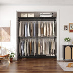 Homykic Bamboo Clothes Rack with Shelves and Double Hang Rods, Portable Closet System Garment Rack for Hanging Clothes, Tall Clothing Rack Corner Closet Organizer, Easy to Built, Freestanding, Black