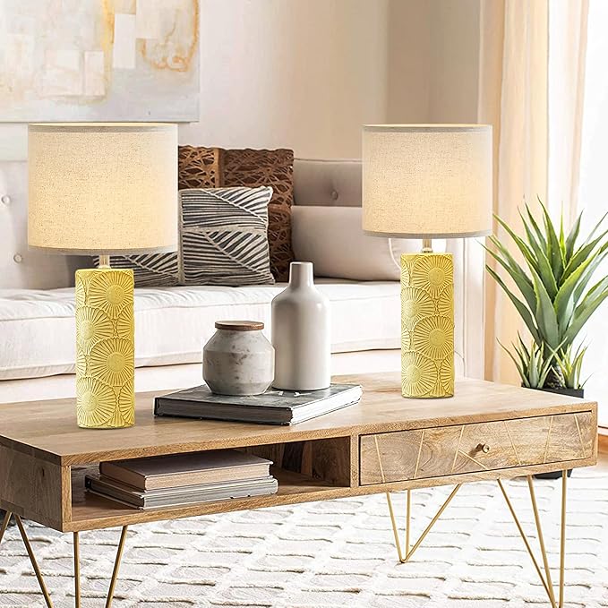 25.25" Ceramic Lamps Set of 2 for Living Room, Bedroom, Yellow Flower Table Lamps Set of 2 for Buffet, Ceramic Bedroom Lamp for Nightstand, Farmhouse Lamp for Console Table, Credenza
