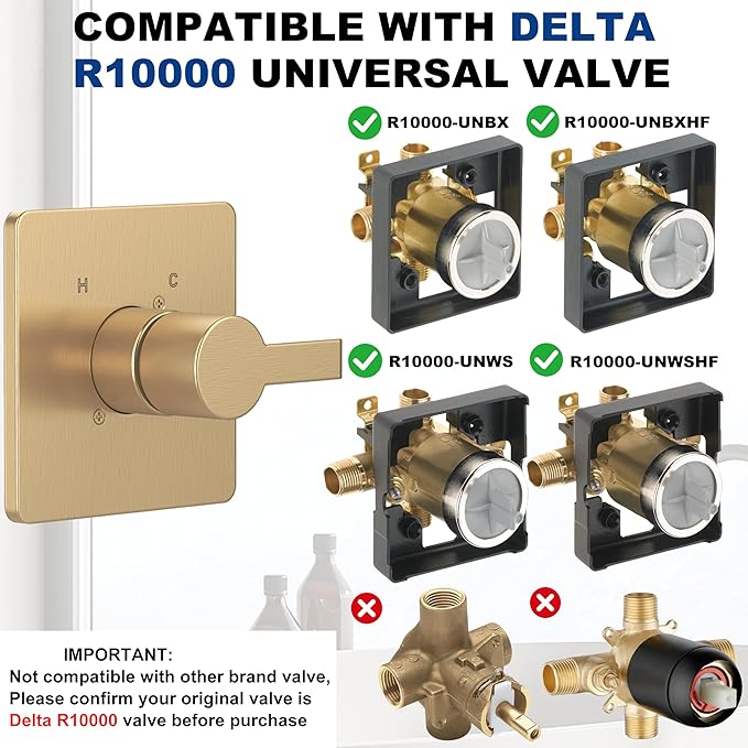 Replacement for Delta 13/14 Series Shower Trim Kit, Compatible with Delta R10000 Valve Shower Faucet Set, Brushed Gold Shower Head and Handle Set, Champagne Bronze (Cartridge and Valve Not Included)