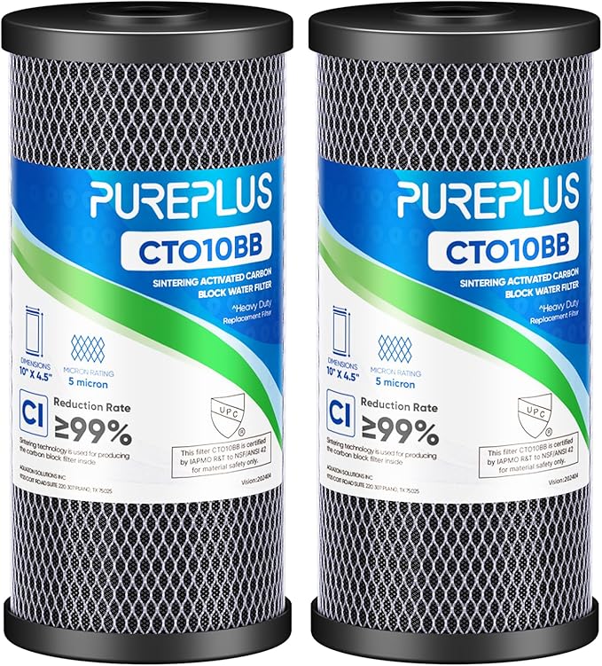 PUREPLUS 5 Micron 10" x 4.5" Whole House CTO Coconut Shell Activated Carbon Water Filter Replacement Cartridge for Dupont WFHDC8001, CB-BB-10, GE FXHTC, GXWH40L, GXWH35F, GNWH38S, CTO10BB, 2PACK