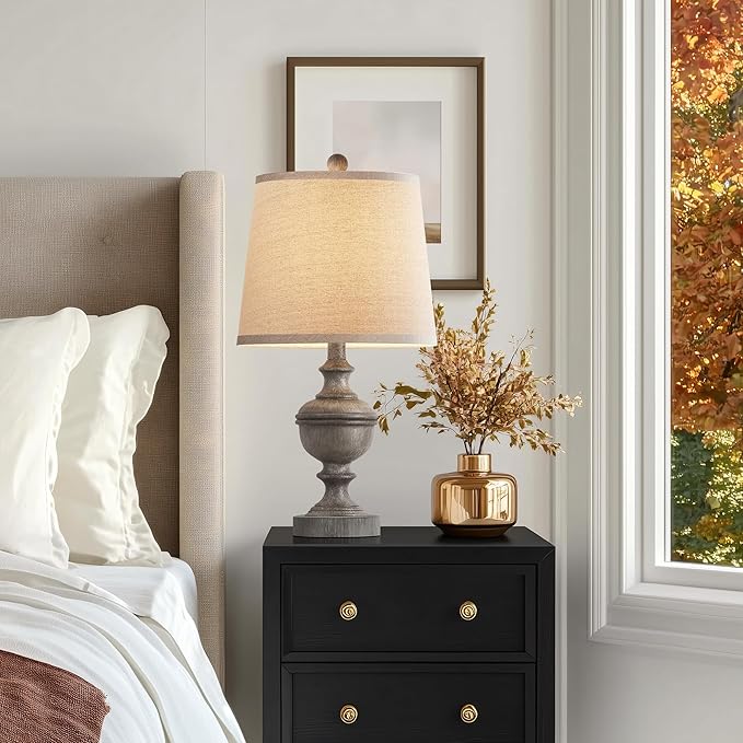 PARTPHONER Retro Table Lamps Set of 2, Bedside Lamp for Bedroom Rustic Farmhouse Table Lamps for Living Room, Vintage Nightstand Lamps with White Shades, Grey