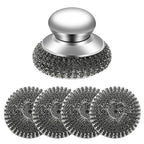 5Pcs Steel Wool Scrubber with Handle - Stainless Steel Scouring Pads Set for Cast Iron, Pans, Grill, Sink Cleaning(1 Scrubber+4 Pads)
