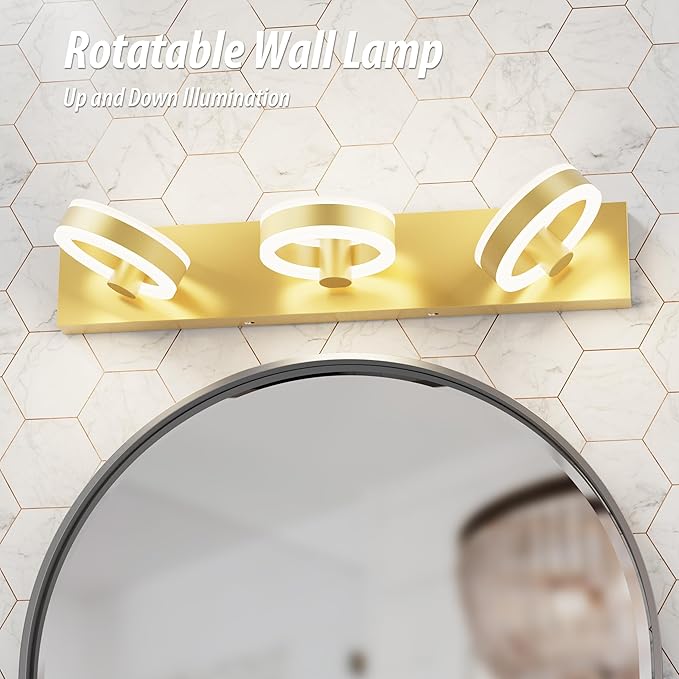 LED Bathroom Light Fixtures, 24inch Gold Vanity Lights, Modern 3 Light Acrylic Wall Sconces, 350° Rotatable Wall Lighting Fixture Over Mirror