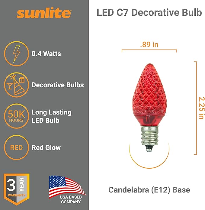Sunlite 80702 LED C7 Holiday Decorative Light Bulb, 0.4 Watts, E12 Candelabra Base, Faceted Christmas-Lights; Nightlight, Red 6 Count