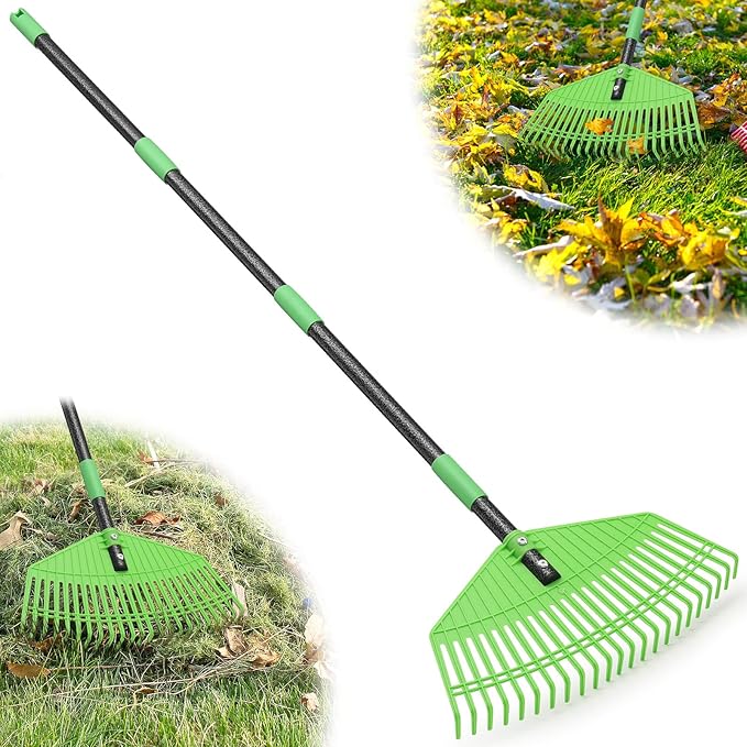 Garden Leaf Rake,16.5” Wide Plastic Leaf Rake for Lawn with 60” Long Handle, Plastic Yard Raking Tools for Lawn Turf Leaves Grass Thatch Debris Pine Needle Cleanup, Lightweight for Kid