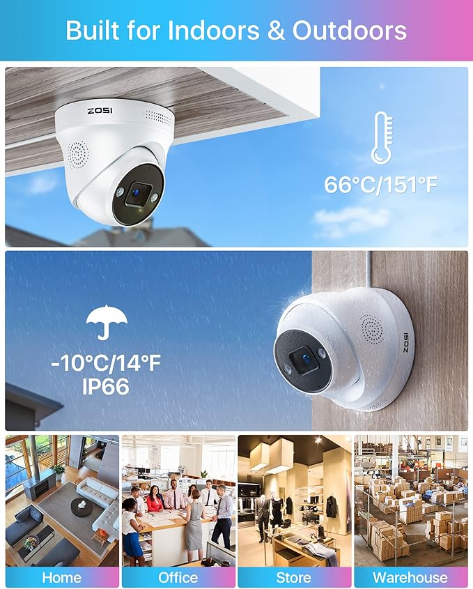 ZOSI 4K 8CH Spotlight PoE Security Camera System,4pcs 5MP Indoor Outdoor PoE IP Cameras with Person Vehicle Detection,Color Night Vision,8CH 8MP 4K NVR with 2TB HDD for 24/7 Recording,No Monthly Fee