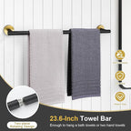 TQKAG 8-Pieces Bathroom Hardware Set Black and Gold SUS304 Stainless Steel Bath Towel Bar Set 23.6 Inch Round Bathroom Accessories Kit Wall Mounted