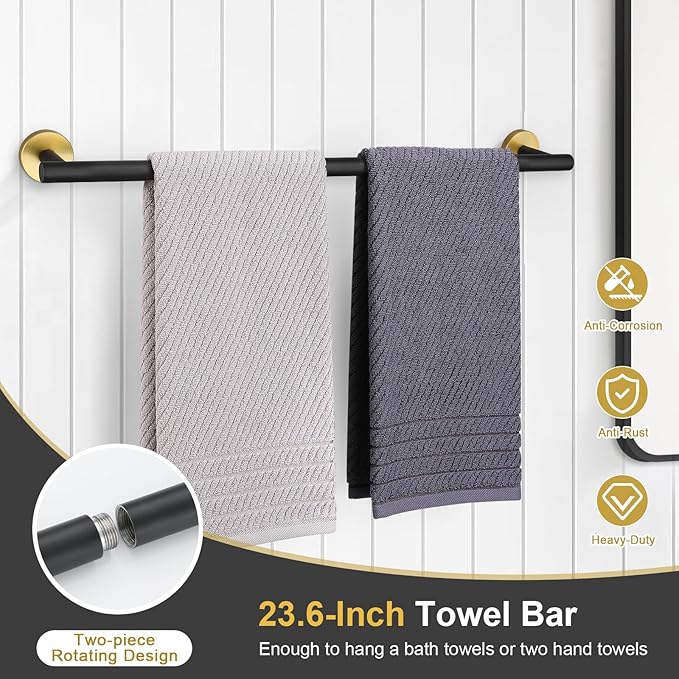 TQKAG 8-Pieces Bathroom Hardware Set Black and Gold SUS304 Stainless Steel Bath Towel Bar Set 23.6 Inch Round Bathroom Accessories Kit Wall Mounted