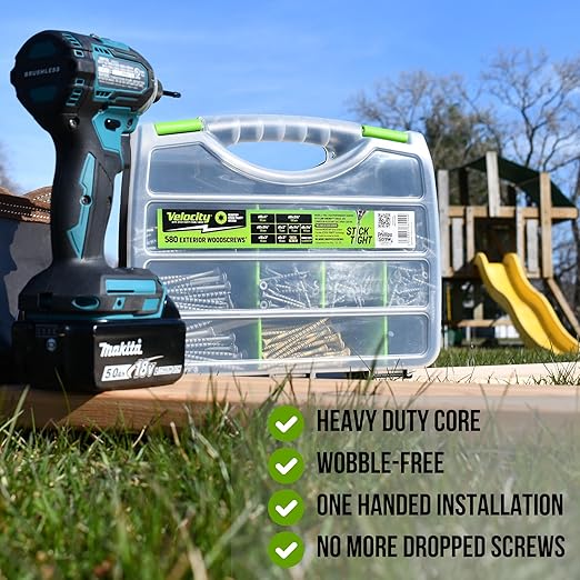 Velocity Exterior Wood Screws Site Case - Wood Screws Assortment Kit in 7 Sizes, Stick Tight Technology, Includes 4 Hexstix Drive Bits and Storage Organizer (580 Pieces)