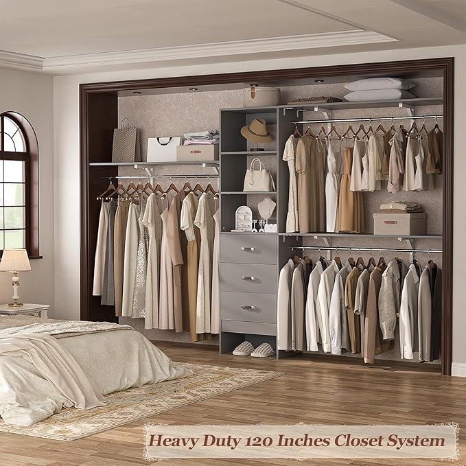 Armocity 120 Inches Closet System, 10FT Walk In Closet Organizer with 3 Shelving Towers, Heavy Duty Clothes Rack with 3 Drawers, Built-In Garment Rack, 120" L x 16" W x 75" H, Max Load 1300 LBS, Grey
