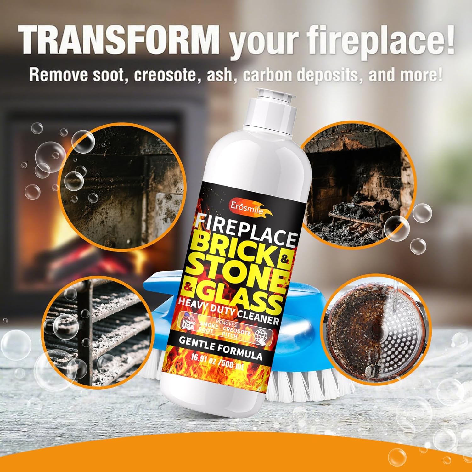 Fireplace Cleaning Set Fireplace Soot Remover with Scrub Brush for Brick, Stone, Rock, Tile, and Marble – Nonabrasive Brick Cleaner, Gentle Formula for Bricks & Glass Indoor and Outdoor -16.91 oz