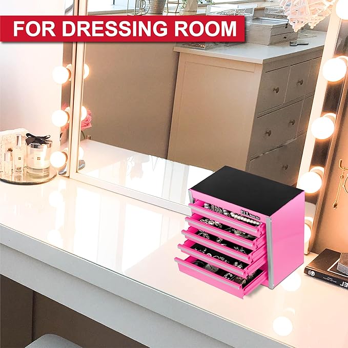 P.I.T. Mini Pink Tool Box, Portable 5-Drawer Micro Roll Cab Steel Tool Box with Liner, Pink Small Tool Case for Tools Storage, Home DIY