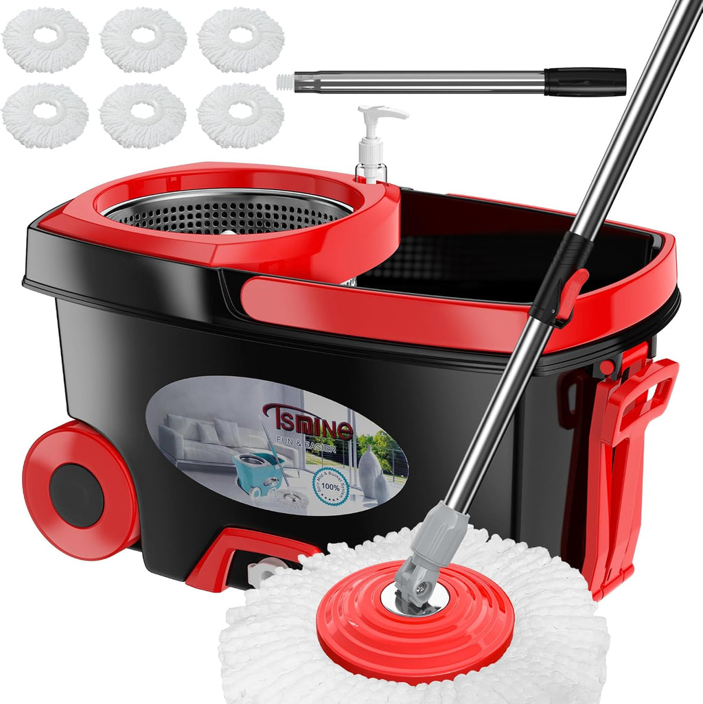 FunClean 360° Spin Mop and Bucket Set with Wringer, 6 Extra Microfiber Heads, 61" Extended Handle for Effortless Floor Cleaning, 2X Wheel Design - Black