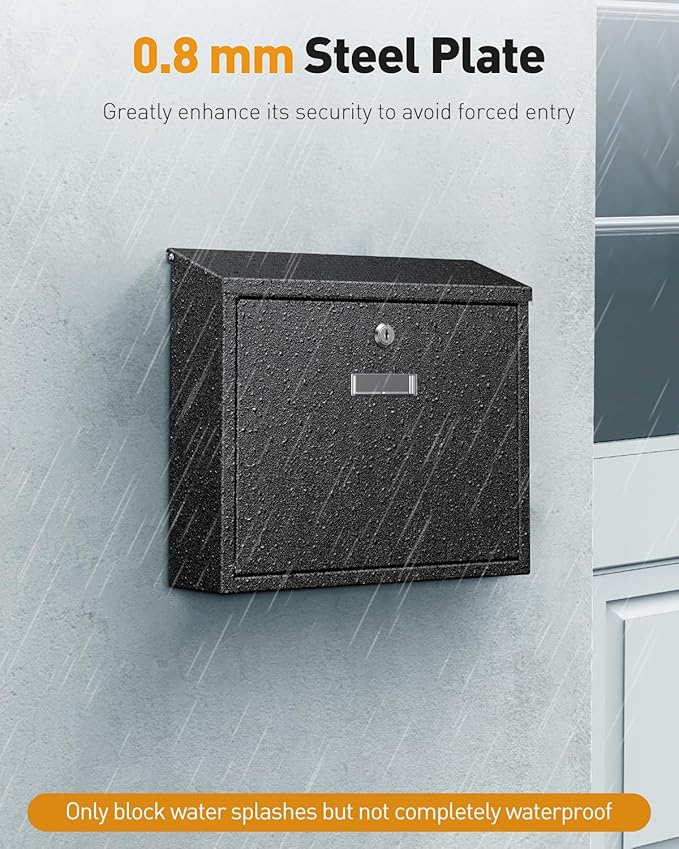 Uniclife Wall Mount Mailbox for Outside, Large Locking Mailbox with Key Lock, Security Mail Box, Postbox for House, Safe Key Drop Case, Steel Cash Drop Case for Home Office School, Black