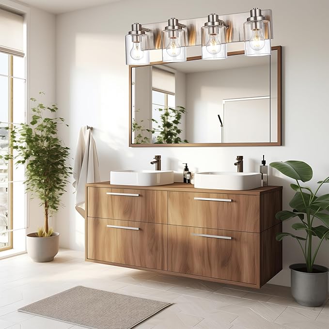 4 Light Vanity Light Brushed Nickel Bathroom Lighting Fixtures Over Mirror, Modern Bathroom Light with Clear Glass Shade, Farmhouse Vanity Lights