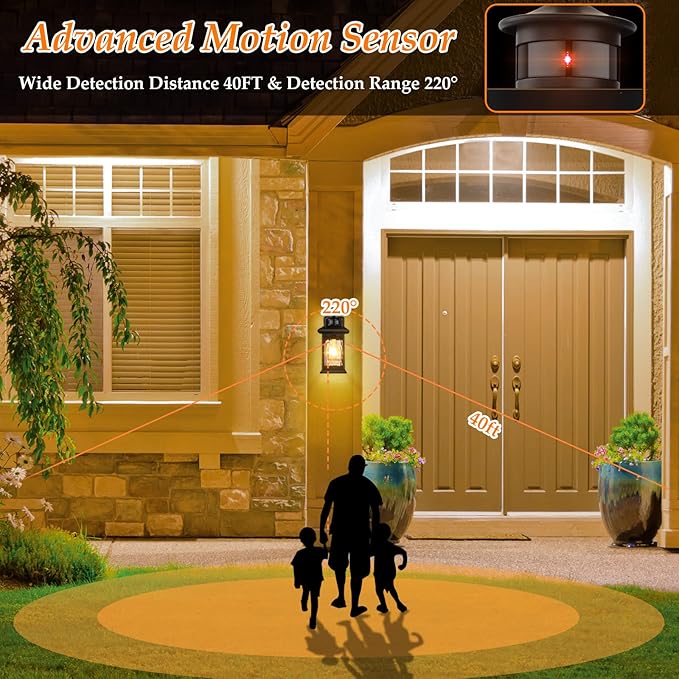 Motion Sensor Outdoor Lights - Retro Dusk to Dawn Outdoor Lighting, Advanced LED Motion Sensor Porch Light Fixtures, Black Waterproof Exterior Lantern Wall Mount for Front Garage, Entryway Anti-Rust