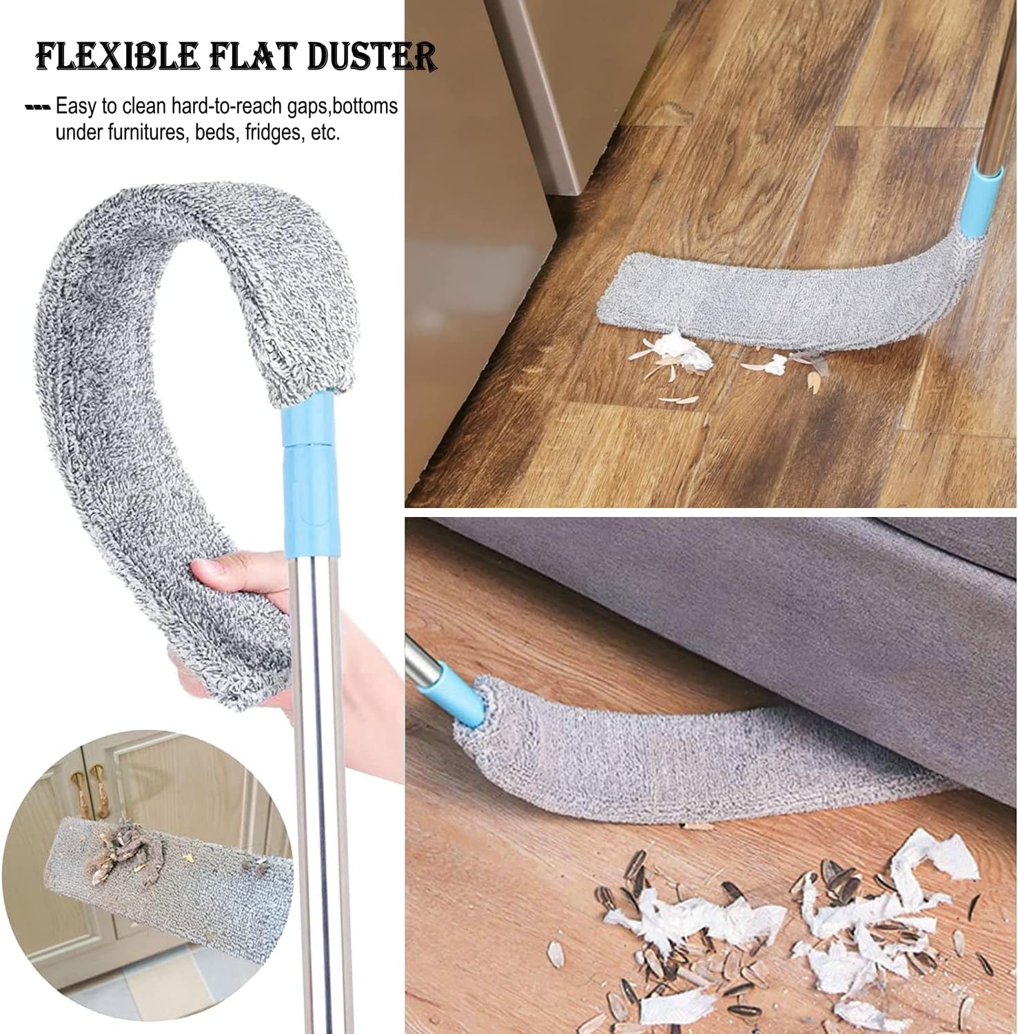 Retractable Gap Dust Cleaner Under Appliance Microfiber Duster Dust Brush with Extension Pole (36 to 49 inches) Cleaning Duster for Bed High Ceilings Furniture Bottom Household Gap Duster Gray