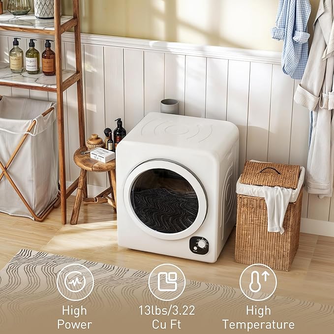 HOMCOM 120V Portable Clothes Dryer, 1300W Compact Front Load Laundry Dryer Machine 3.3 Cu. Ft. with Stainless Steel Tub & 4 Automatic Drying Mode for Apartment, RVs, Dorms, White