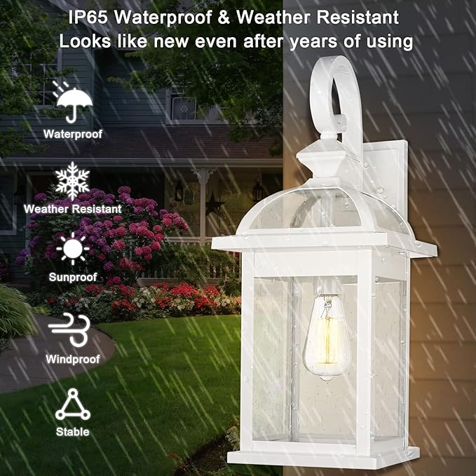 Darkaway Outdoor Lights Fixtures Wall Mount, Large 22inch Outdoor Wall Sconce Lights with Seeded Glass Waterproof Outside Exterior Lights Fixture for House Front Porch Patio （Large, White）