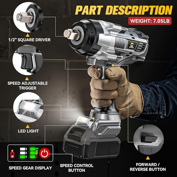 Cordless Impact Wrench 1/2 inch Compatible with Dewalt Battery: 1700FT-LBS High Torque Impact Wrench Heavy Duty Tool - Brushless Electric Impact Gun Includes LED Work Light - Bare Tool Only