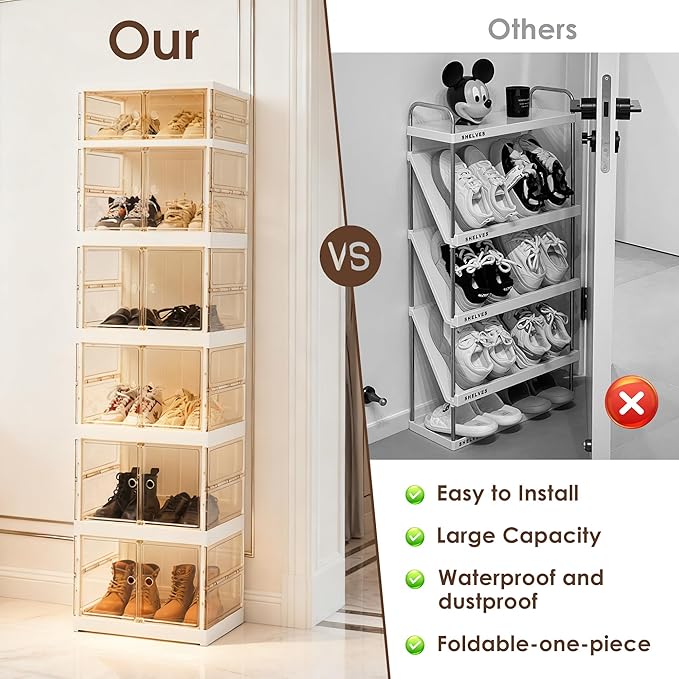 6-Tier shoe rack storage rack at the entrance of the wardrobe, sports shoe storage cabinet, foldable shoe cabinet with wheels, 3-sided transparent foldable multifunctional storage cabinet