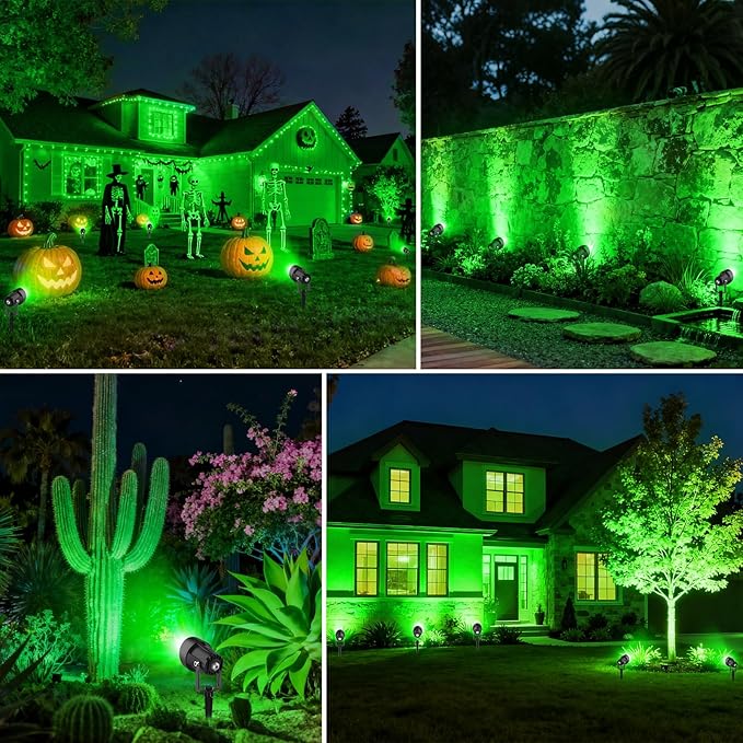 Halloween Green Landscape Spotlights, 14 LED Landscape Lighting with US Plug, IP65 Waterproof Outdoor for Tree Yard Garden Pathway Christmas Decor, 4 Pack