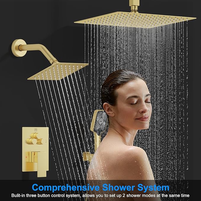 Shower Faucet Set, 12" Ceiling Mount Rainfall Shower System with 2 Rain Shower Head and Multi-function Handheld Head Push Button Diverter Shower Faucet Trim Kit (12", Brushed Gold)